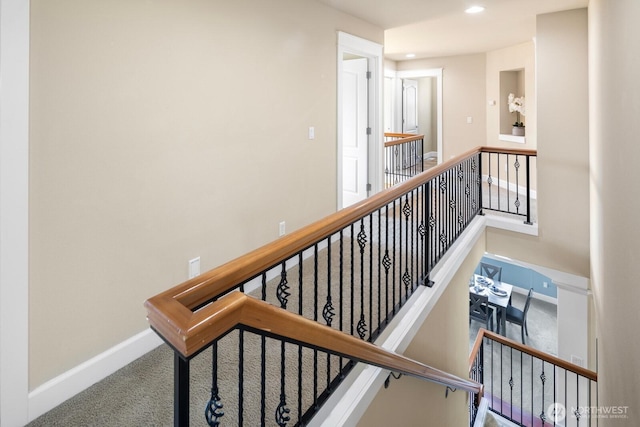 21515 26th St E, Lake Tapps, WA 98391 - hallway with an upstairs landing, baseboards, recessed lighting, and carpet flooring