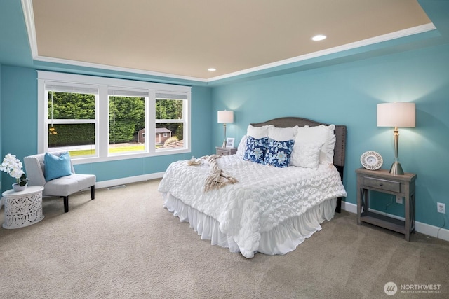 21515 26th St E, Lake Tapps, WA 98391 - carpeted bedroom with a tray ceiling, baseboards, recessed lighting, and ornamental molding