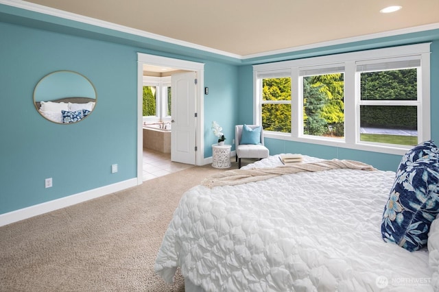 21515 26th St E, Lake Tapps, WA 98391 - bedroom with carpet floors, baseboards, ensuite bathroom, recessed lighting, and crown molding