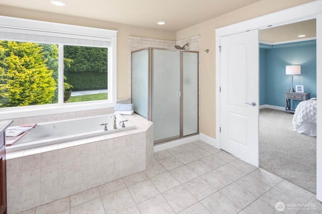 21515 26th St E, Lake Tapps, WA 98391 - bathroom featuring a garden tub, a shower stall, tile patterned flooring, and recessed lighting