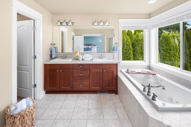 21515 26th St E, Lake Tapps, WA 98391 - bathroom featuring healthy amount of natural light, double vanity, and a jetted tub
