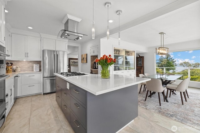 1505 E Horizon Dr, Mukilteo, WA 98275 - kitchen featuring appliances with stainless steel finishes, white cabinets, light marble finish floors, light countertops, and recessed lighting