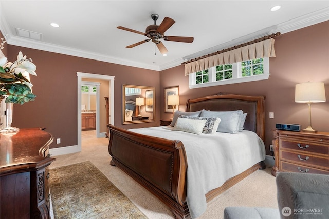 2920 39th Ln NW, Olympia, WA 98502 - bedroom with light colored carpet, baseboards, multiple windows, ornamental molding, and ceiling fan