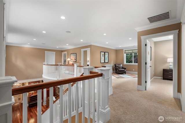 2920 39th Ln NW, Olympia, WA 98502 - corridor featuring an upstairs landing, recessed lighting, light colored carpet, baseboards, and crown molding