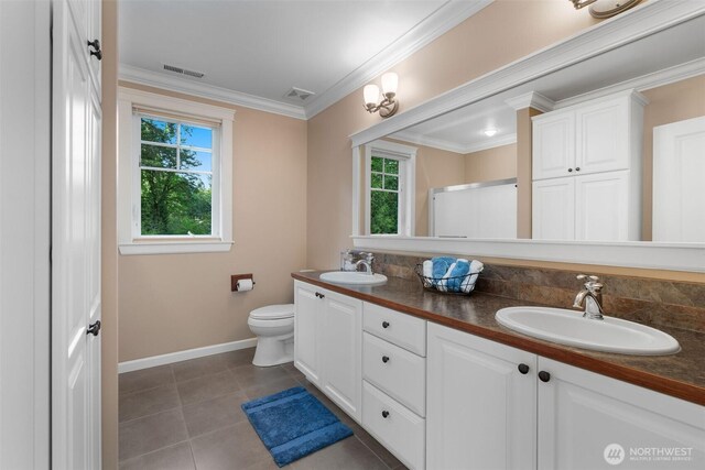 2920 39th Ln NW, Olympia, WA 98502 - bathroom featuring plenty of natural light, baseboards, double vanity, crown molding, and toilet