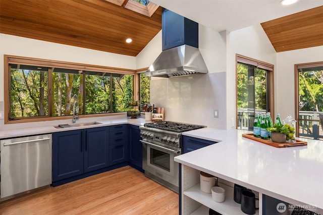 6160 W Mercer Way, Mercer Island, WA 98040 - kitchen with stainless steel appliances, blue cabinetry, vaulted ceiling, a sink, and wood ceiling