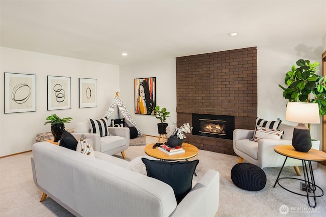 6160 W Mercer Way, Mercer Island, WA 98040 - living room featuring carpet floors, a fireplace, recessed lighting, and baseboards