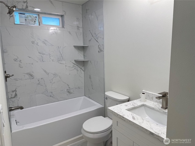 full bathroom with toilet, vanity, and tub / shower combination