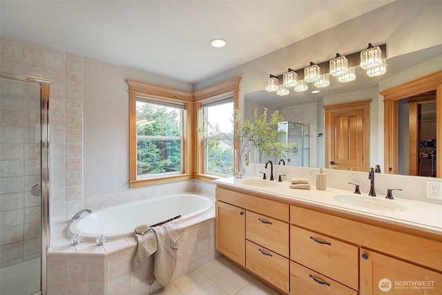 23623 20th Ave W, Bothell, WA 98021 - bathroom with a stall shower, double vanity, a garden tub, and tile patterned floors