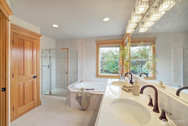 23623 20th Ave W, Bothell, WA 98021 - bathroom featuring tile patterned flooring, a shower stall, a garden tub, double vanity, and recessed lighting