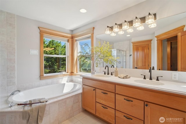 23623 20th Ave W, Bothell, WA 98021 - full bathroom featuring a stall shower, double vanity, a garden tub, and tile patterned floors
