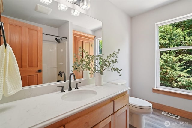 23623 20th Ave W, Bothell, WA 98021 - full bathroom featuring wood finished floors, a shower, vanity, and plenty of natural light