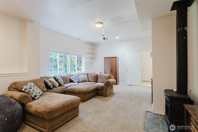 4 Alder Ct, Bellingham, WA 98229 - carpeted living room featuring a wood stove and recessed lighting