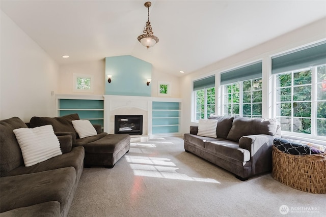 4 Alder Ct, Bellingham, WA 98229 - carpeted living area featuring vaulted ceiling, a premium fireplace, and recessed lighting