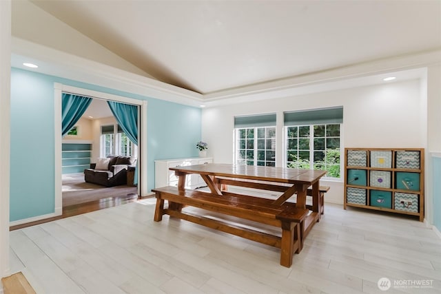 4 Alder Ct, Bellingham, WA 98229 - dining room featuring vaulted ceiling, light wood-style flooring, and recessed lighting