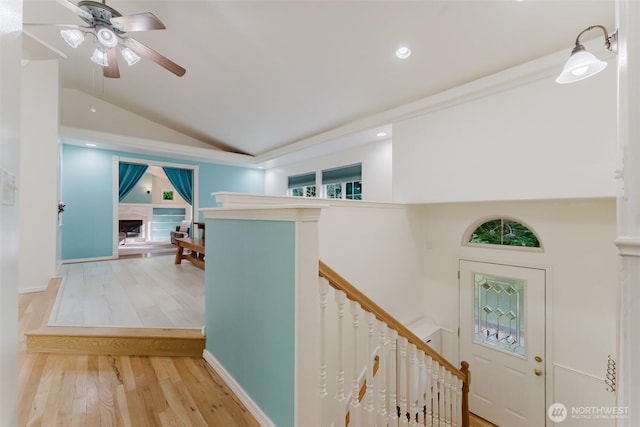 4 Alder Ct, Bellingham, WA 98229 - corridor featuring an upstairs landing, wood finished floors, vaulted ceiling, and recessed lighting