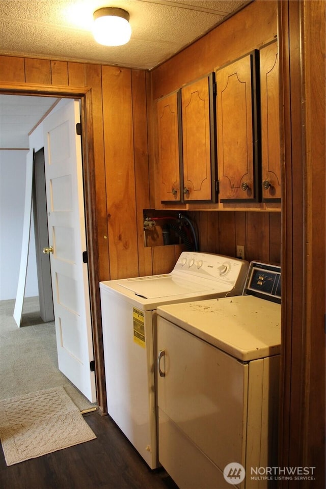 laundry area featuring washer and clothes dryer, cabinet space, and wooden walls