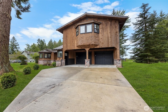 7409 Myers Rd, Bonney Lake, WA 98391 - rustic home with a front lawn, a garage, concrete driveway, a metal roof, and covered porch