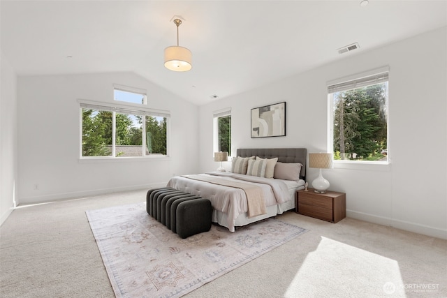 10815 NE 190th Pl, Bothell, WA 98011 - bedroom featuring multiple windows, vaulted ceiling, light carpet, and baseboards