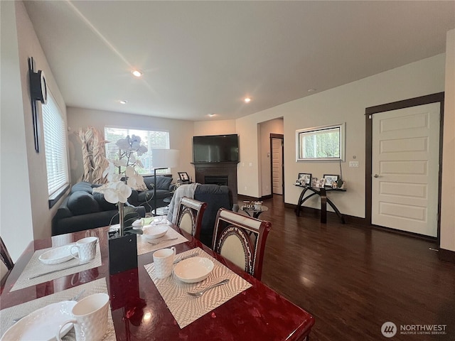 2805 93rd Pl SE, Everett, WA 98208 - dining room featuring dark wood-style flooring, a fireplace, baseboards, and recessed lighting