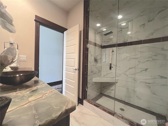 2805 93rd Pl SE, Everett, WA 98208 - full bath with marble look tiles, a marble finish shower, and vanity