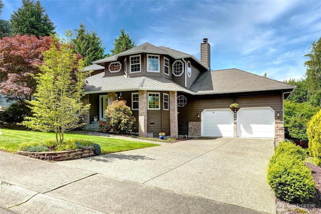 13218 42nd Ave W, Mukilteo, WA 98275 - view of front of home with a chimney, an attached garage, a front yard, concrete driveway, and roof with shingles