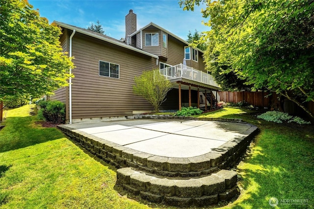 13218 42nd Ave W, Mukilteo, WA 98275 - rear view of property featuring stairs, a deck, a chimney, and a patio