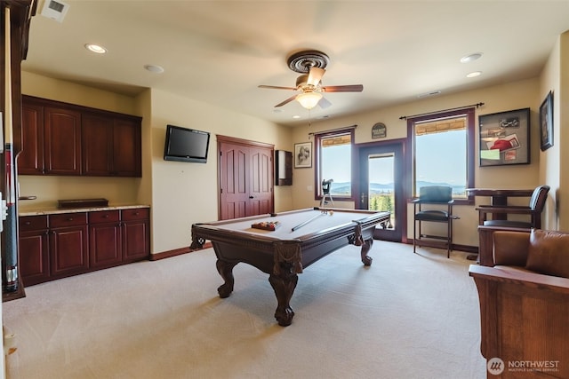 1844 Vineyard Pl, Bellingham, WA 98226 - recreation room with billiards, ceiling fan, light colored carpet, baseboards, and recessed lighting