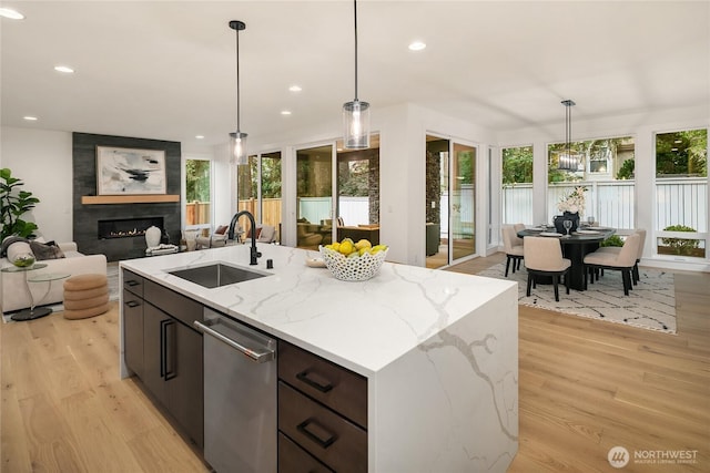 10207 NE 136th Pl, Lot, Kirkland, WA 98034 - kitchen with stainless steel dishwasher, a tile fireplace, light wood-style flooring, pendant lighting, and recessed lighting