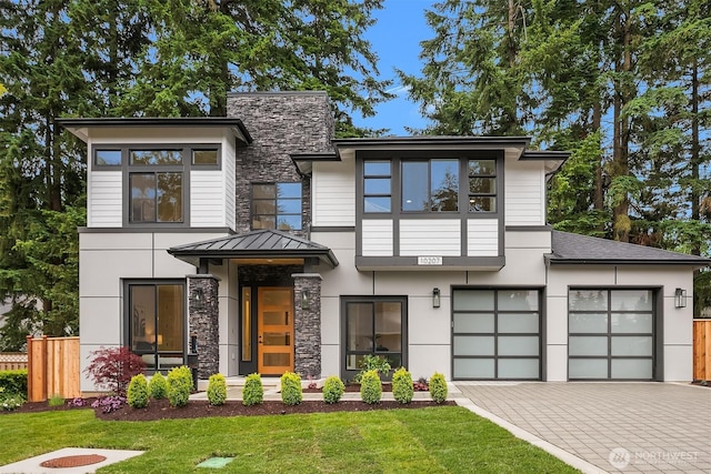 10207 NE 136th Pl, Lot, Kirkland, WA 98034 - contemporary home featuring decorative driveway, stone siding, and stucco siding