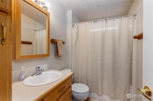 30350 Deer Meadows Rd E, Deer Meadows, WA 99122 - full bathroom featuring vanity, toilet, and shower / tub combo with curtain