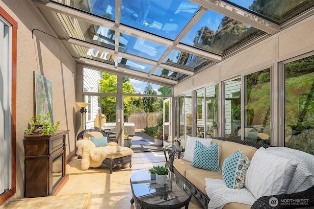 3120 Wave Dr, Everett, WA 98203 - sunroom featuring an outdoor hangout area, a skylight, and coffered ceiling