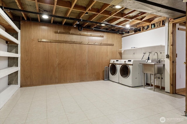 5092 Ribbit Rd, Langley, WA 98260 - laundry area with independent washer and dryer and wooden walls