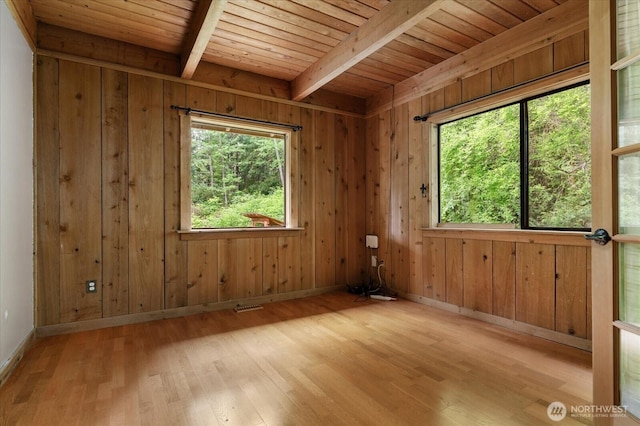 5092 Ribbit Rd, Langley, WA 98260 - spare room with plenty of natural light, wood ceiling with exposed beams, baseboards, wood finished floors, and wooden walls
