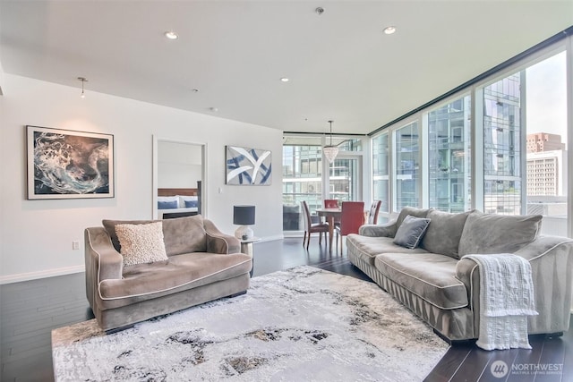 10700 NE 4th St Unit 1006, Bellevue, WA 98004 - living room with baseboards, dark wood-type flooring, and recessed lighting
