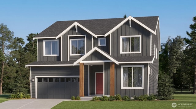 17916 139th Pl E, Puyallup, WA 98374 - view of front of home featuring an attached garage, driveway, board and batten siding, and a front lawn