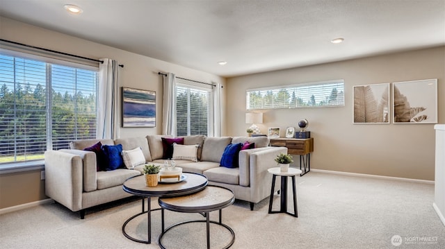 17916 139th Pl E, Puyallup, WA 98374 - living room with light colored carpet, baseboards, and recessed lighting