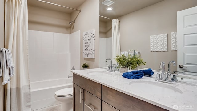 17916 139th Pl E, Puyallup, WA 98374 - bathroom featuring toilet, shower / bathtub combination with curtain, double vanity, and tile patterned floors