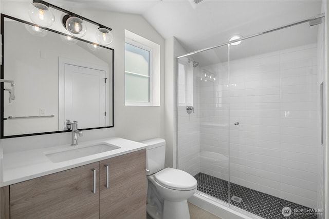 118E 2nd Ave S, Kirkland, WA 98033 - bathroom with toilet, vanity, a stall shower, and vaulted ceiling