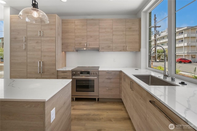 118E 2nd Ave S, Kirkland, WA 98033 - kitchen featuring stainless steel range, a sink, wood finished floors, light brown cabinets, and light stone counters