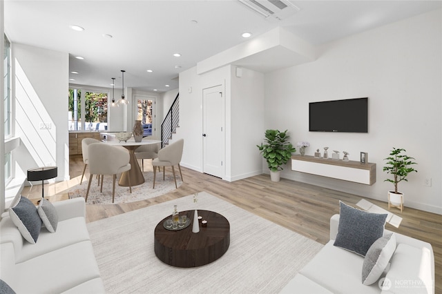 118E 2nd Ave S, Kirkland, WA 98033 - living room with stairway, wood finished floors, recessed lighting, and baseboards