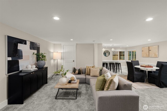 7429 NE 129th St, Kirkland, WA 98034 - living room with light carpet, recessed lighting, and baseboards