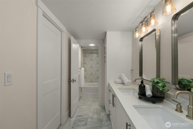 7429 NE 129th St, Kirkland, WA 98034 - bathroom featuring marble finish floors, shower / bath combination with curtain, and double vanity