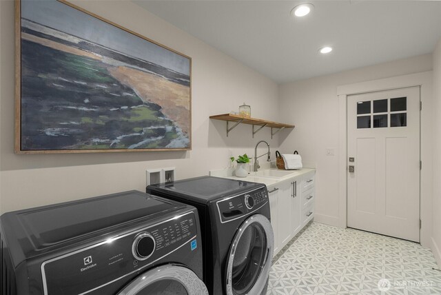 7429 NE 129th St, Kirkland, WA 98034 - washroom featuring washing machine and clothes dryer, light floors, cabinet space, and recessed lighting