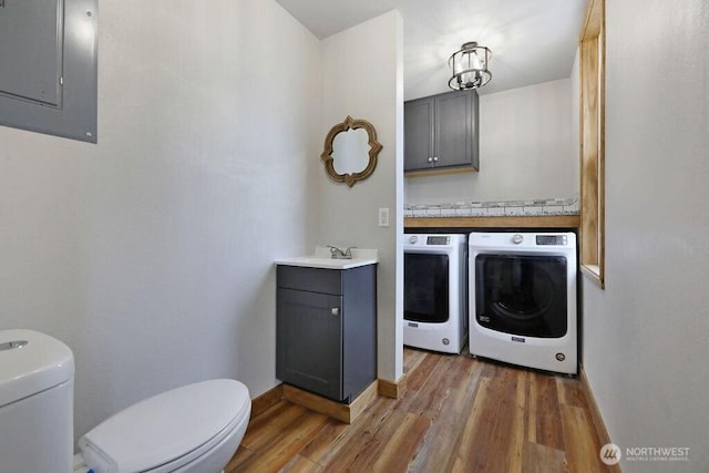 2217 200th St NE, Arlington, WA 98223 - laundry area featuring washing machine and clothes dryer, wood finished floors, electric panel, and baseboards