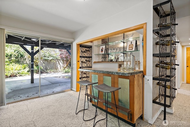 indoor bar with baseboards and carpet flooring