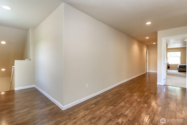 5505 Oxalis Dr W, University Place, WA 98467 - hall with wood finished floors, recessed lighting, baseboards, and an upstairs landing