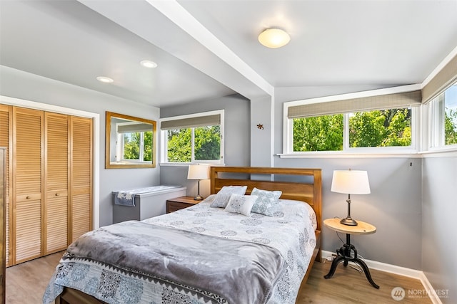 232 N Sunset Dr, Camano Island, WA 98282 - bedroom with multiple windows, wood finished floors, a closet, baseboards, and lofted ceiling