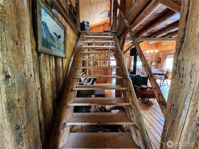 266 Bluebell Ln, Tonasket, WA 98855 - stairway with wooden walls, wooden ceiling, and vaulted ceiling