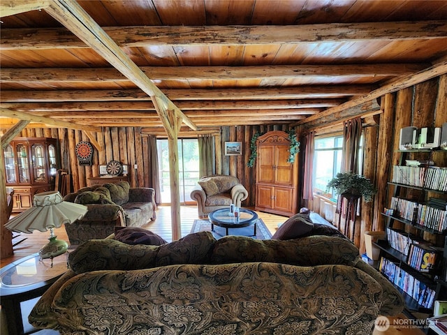 266 Bluebell Ln, Tonasket, WA 98855 - living room featuring wood ceiling with exposed beams, wood walls, and light wood finished floors